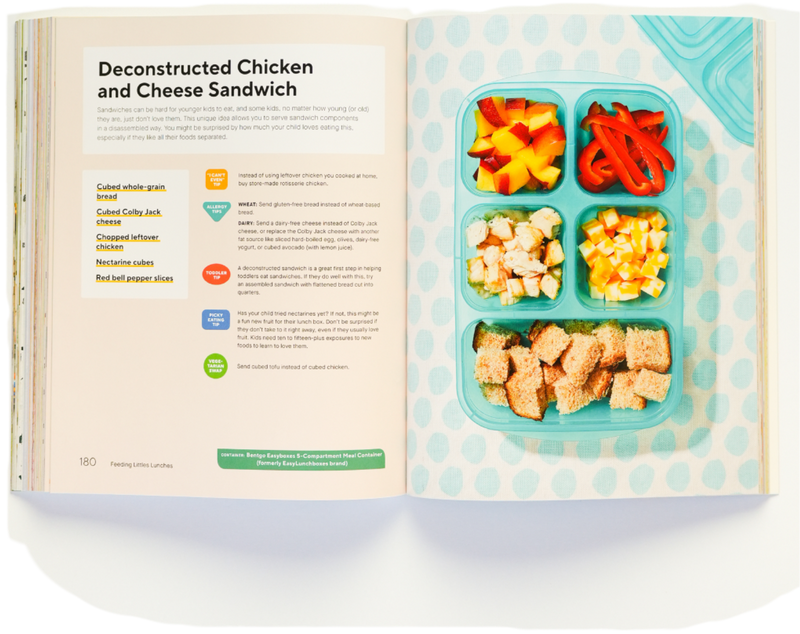 Open book showing a deconstructed chicken and cheese sandwich recipe with food illustrations.
