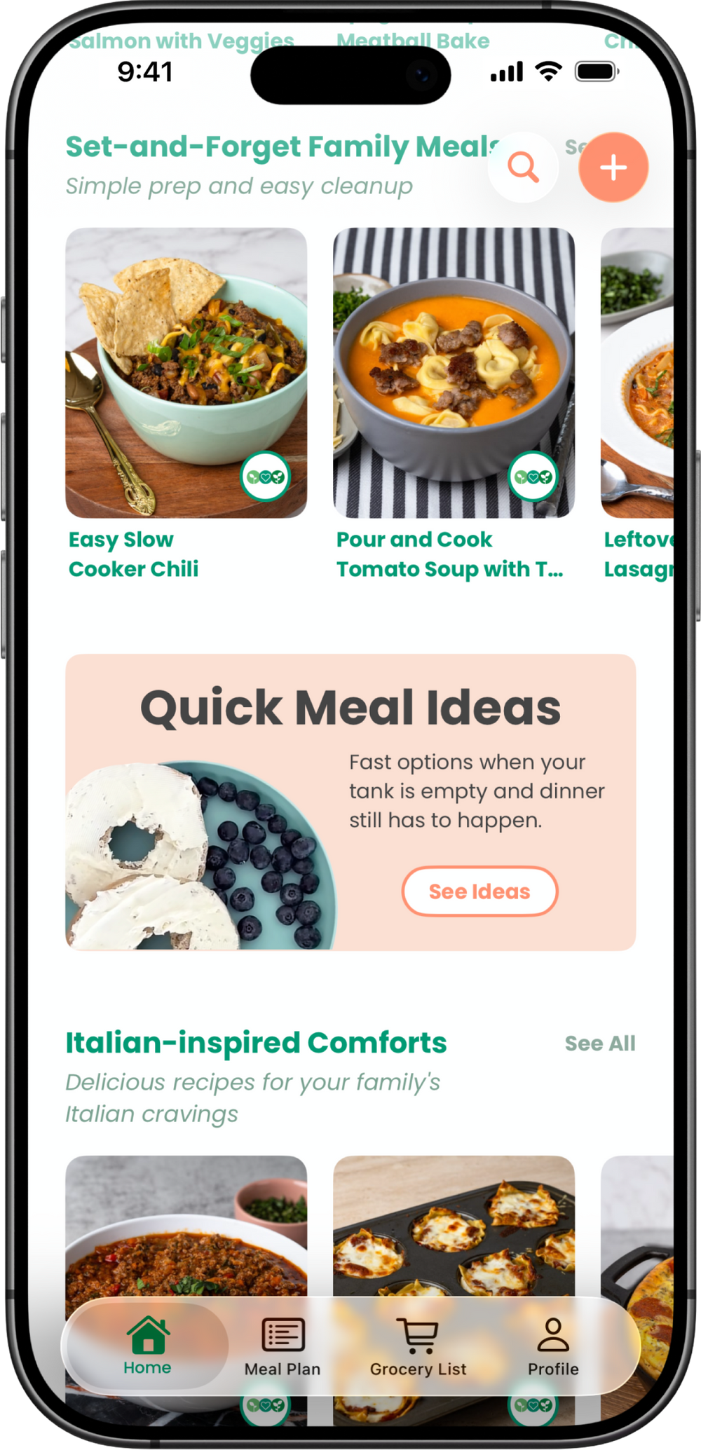 Phone screen displaying a meal planning app with various meal options.