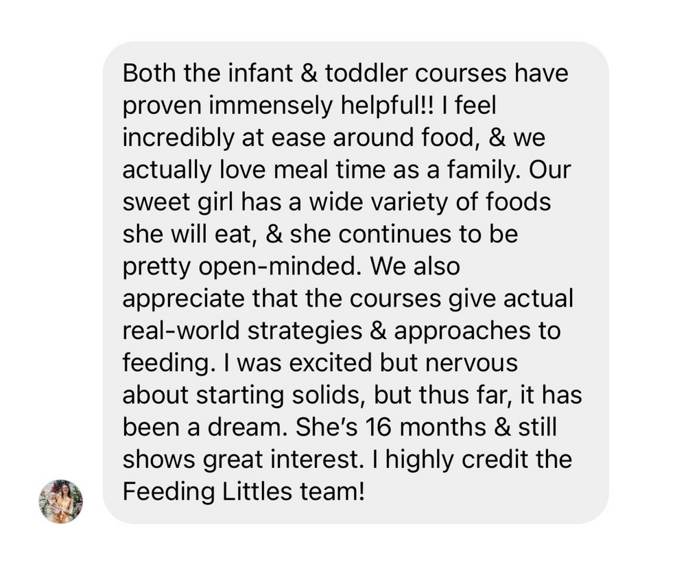 Text review of feeding courses for infants and toddlers, praising the team's strategies.