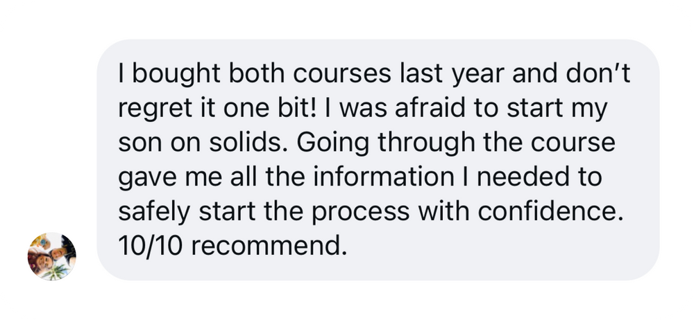 Text review of a course purchase with a 10/10 recommendation on a white background