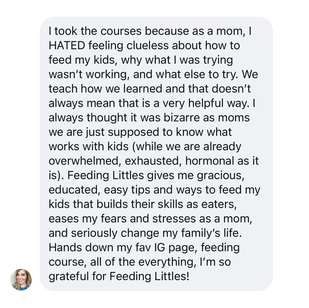 Text message review of a parenting course on Feeding Littles, praising its effectiveness and relief for parents.