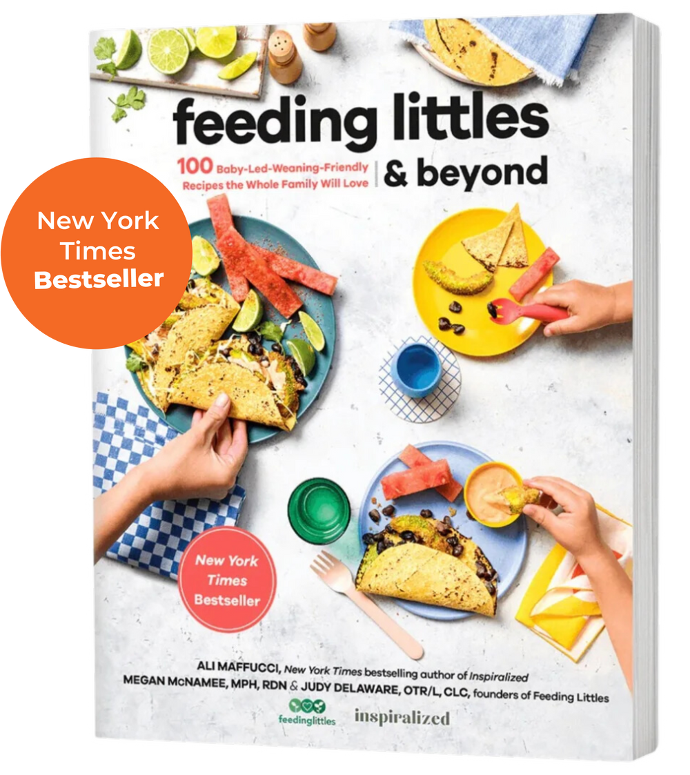 Book cover of 'Feeding Littles & Beyond' with images of children eating and text indicating it's a New York Times Bestseller.
